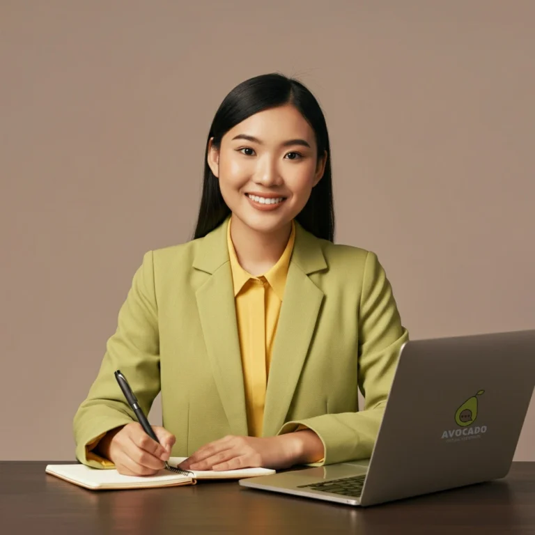 Professional woman in yellow-green blazer smiling at desk while writing in notebook with laptop displaying Avocado Virtual Assistants logo