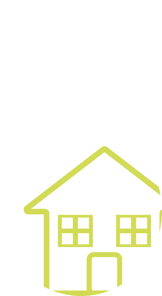 Simple lime green outline icon of a two-story house with a pitched roof, door, and two windows on a light background