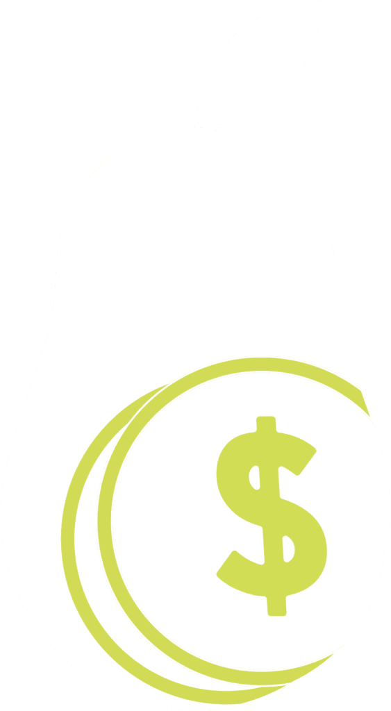 Lime green dollar sign symbol centered within two curved swoosh lines forming a circular design on a white background