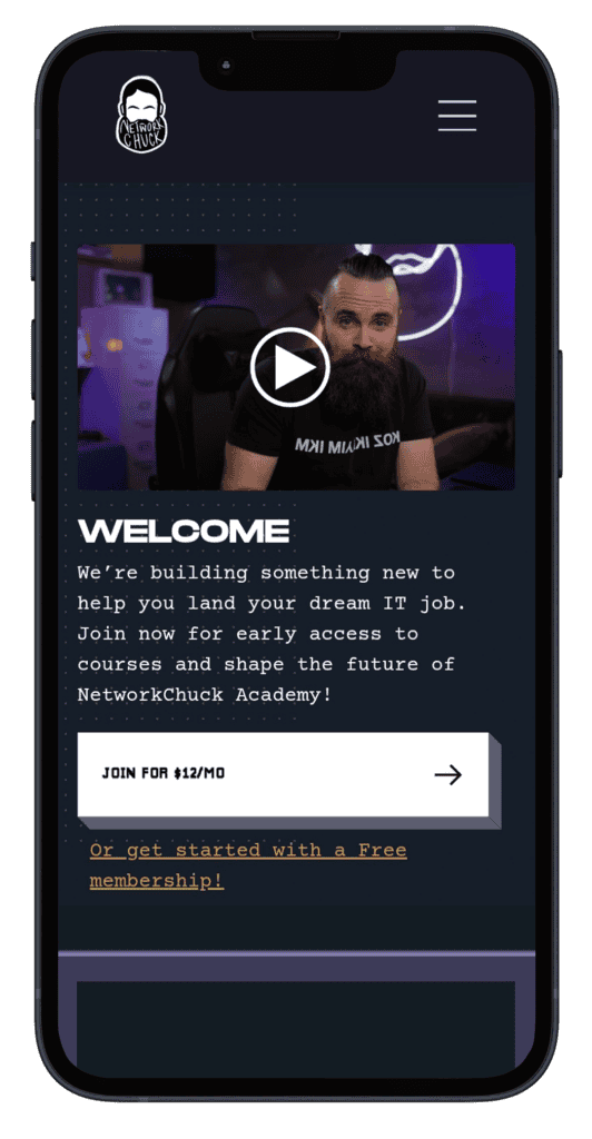 NetworkChuck Academy welcome screen on a phonewith a video.