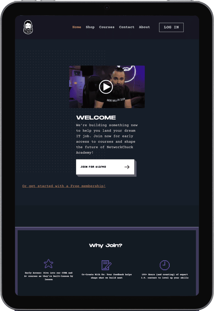 NetworkChuck Academy welcome screen on a tablet with a video