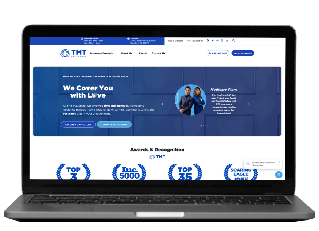 A digital mockup showing a design for 'tmt-ins' displayed on a laptop screen.