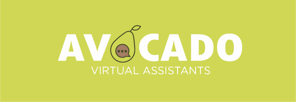 Avocado Virtual Assistants logo featuring white text with an avocado illustration incorporating a speech bubble symbol, replacing the 'O' in 'AVOCADO', on a yellow-green background
